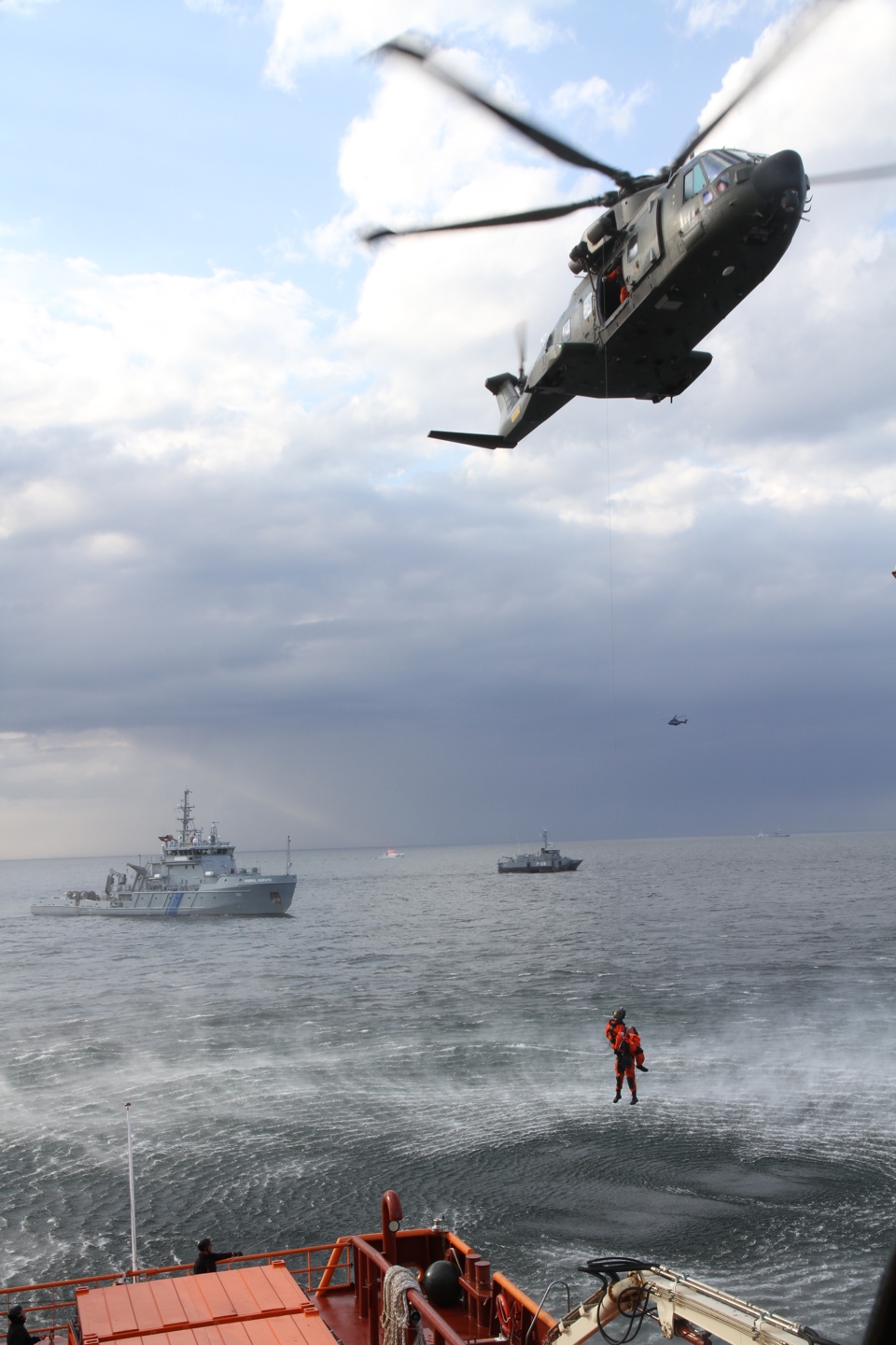 Search and rescue rehearsal at sea.