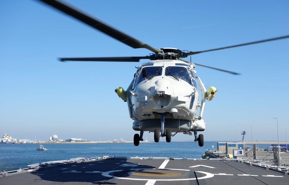 Helicopter landing on a platform.