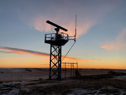 Terma SCANTER Radar on a field in the sunset.