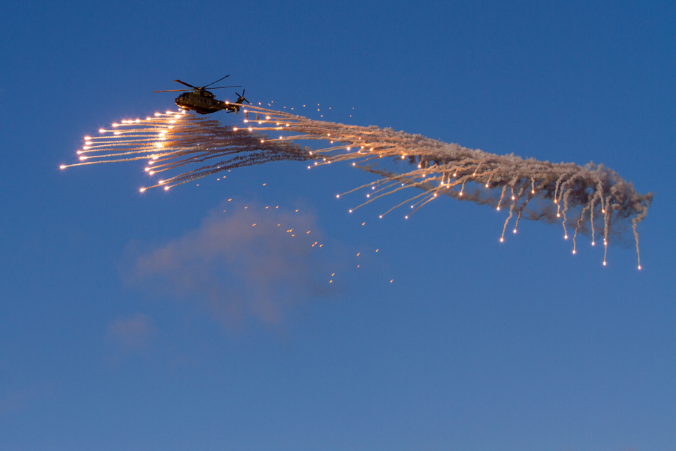 Helicopter self-protection with flares.