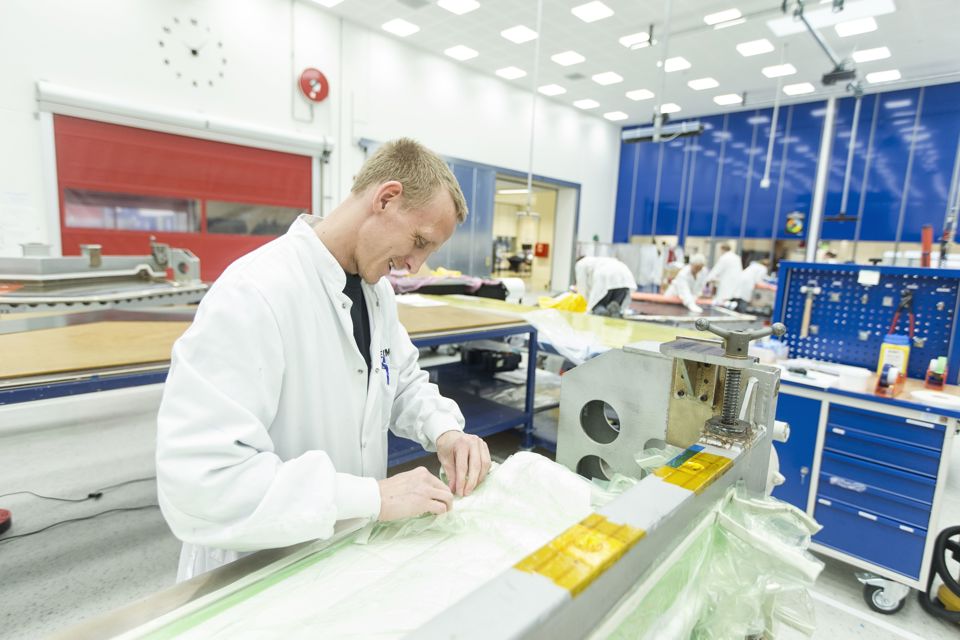 Terma employee working on aerostructures manufacturing at Grenaa production facility.