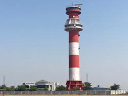 Terma SCANTER Surface Movement Radar on on control tower at airport in India.