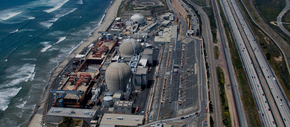 Aerial of nuclear power plant on California coast.