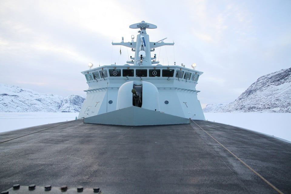 P570 Knud Rasmussen icebreaking in the arctic.